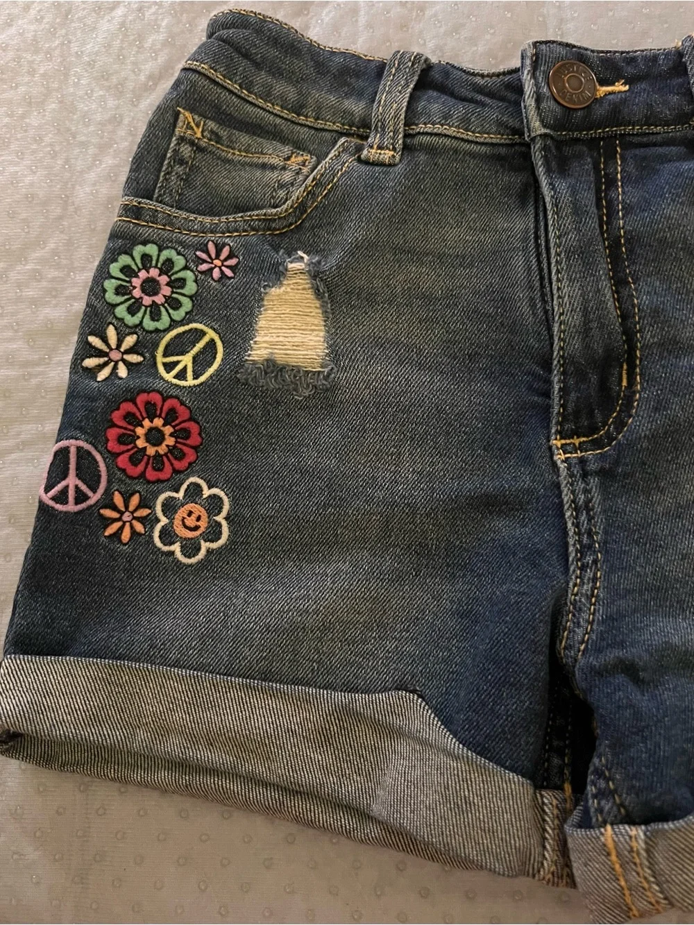 Girls Embroidered Floral Peace Denim Shorts - Blue